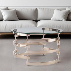 HomeRoots 32" Stylish Clear Glass and Champagne Metal Round Coffee Table for Elegant Living Room Décor 402155