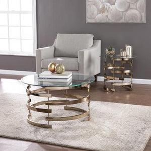 Homeroots 32" Clear And Champagne Glass And Metal With Iron Round Coffee Table   402155