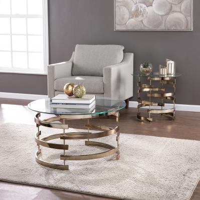 Homeroots 32" Clear And Champagne Glass And Metal With Iron Round Coffee Table   402155