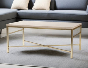 HomeRoots 42" Off White Coffee Table - Modern Rectangular Wood & Metal Design for Chic Living Room Style 402159