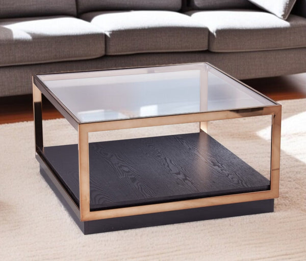 HomeRoots 33" Elegant Champagne Glass Top Coffee Table with Solid Wood Base and Stylish Lower Shelf Storage 402170