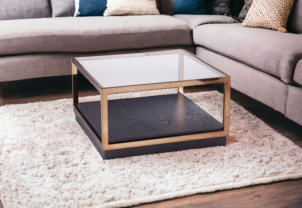 Homeroots 33" Champagne Glass And Solid Manufactured Wood Square Coffee Table   402170