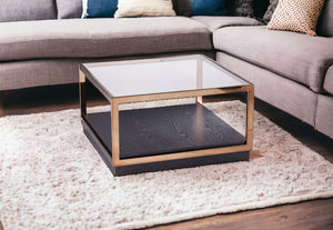 Homeroots 33" Champagne Glass And Solid Manufactured Wood Square Coffee Table   402170