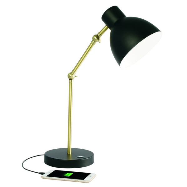 HomeRoots Matte Black and Gold LED Desk Lamp - Adjustable, Eye-Friendly Lighting with USB Charging Port & 3 Modes 402190
