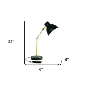 HomeRoots Matte Black and Gold LED Desk Lamp - Adjustable, Eye-Friendly Lighting with USB Charging Port & 3 Modes 402190