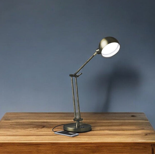 HomeRoots Shiny Satin Brass LED Desk Lamp with Adjustable Brightness, USB Charging & Elegant Design for Workspaces 402191