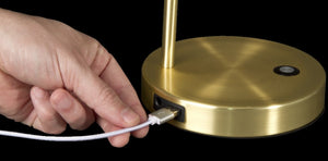 HomeRoots Shiny Satin Brass LED Desk Lamp with Adjustable Brightness, USB Charging & Elegant Design for Workspaces 402191