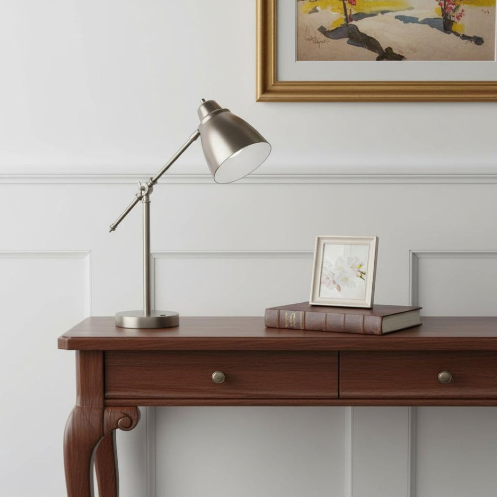 HomeRoots Brushed Silver LED Desk Lamp - Adjustable, Energy-Efficient Lighting with USB Charger & Touch Control 402195
