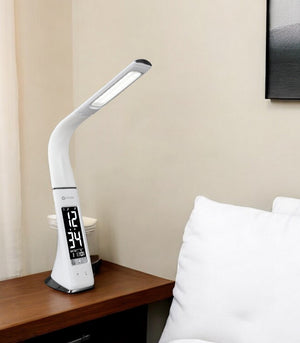 HomeRoots Contemporary White Desk Lamp with Sanitizing LED, Adjustable Lighting, USB Charging & Digital Clock 402199