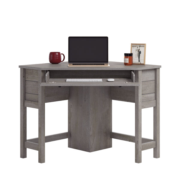 English Elm Corner Computer Desk with Pull-Out Keyboard Drawer, Brown Engineered Wood, Compact Sturdy Workstation B356P402667