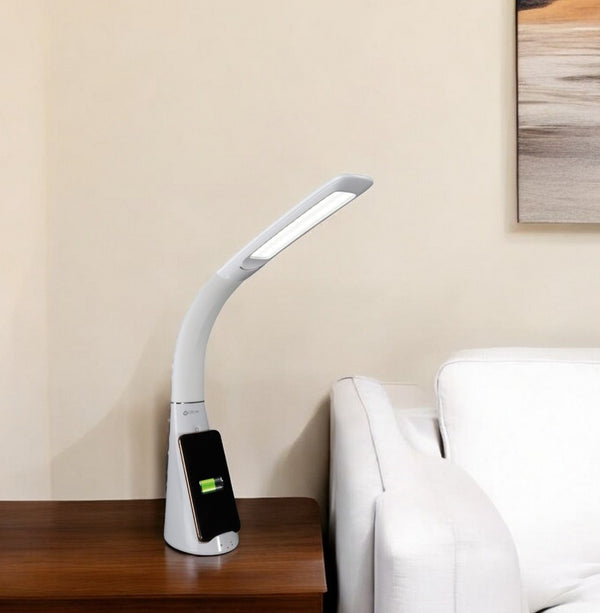 HomeRoots Contemporary White LED Desk Lamp - Adjustable, Sanitizing, and Dual Charging for Modern Workspaces 402200