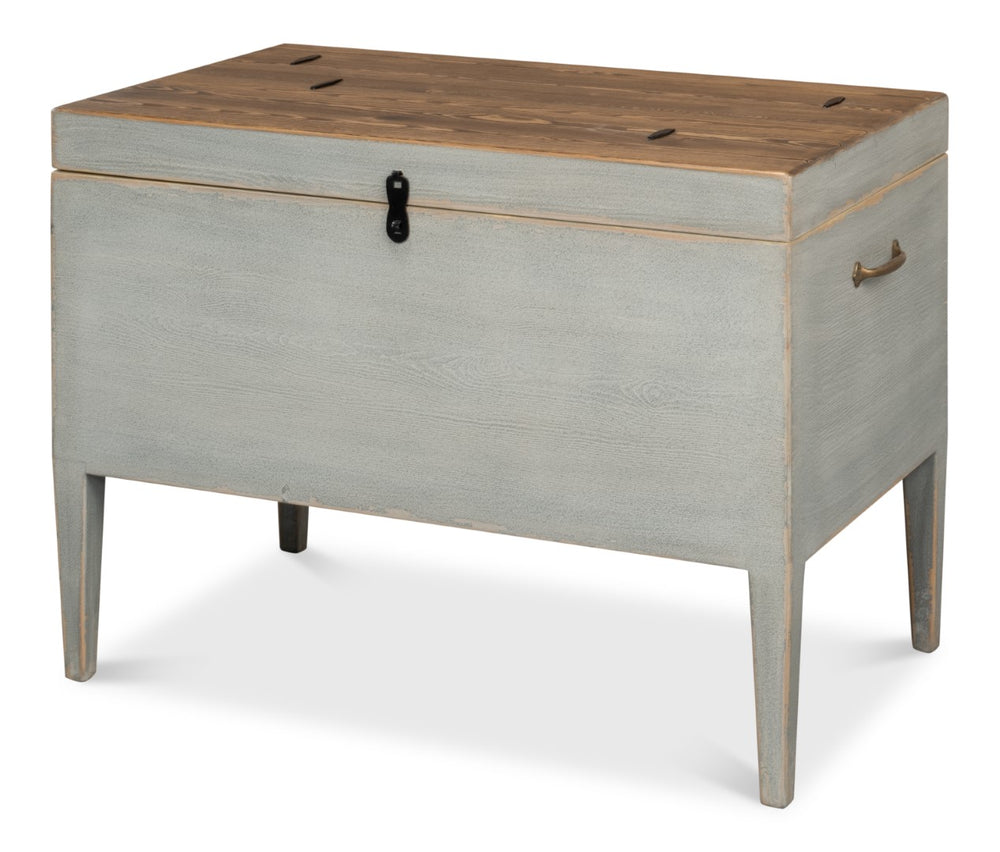 Sarreid Trunk Side Table With Hidden Storage – Handmade From Reclaimed Pine, Brass & Iron, Cityscape Grey Finish Grey  40222