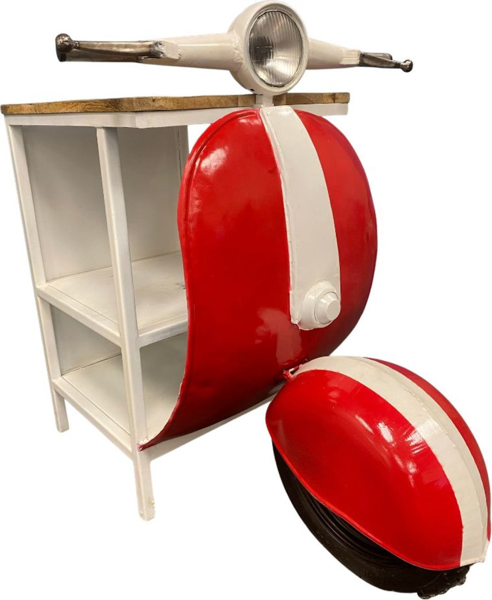 HomeRoots 26" Vintage Red and Off-White Scooter Open Cabinet with Two Shelves for Unique Home Storage Decor 402229