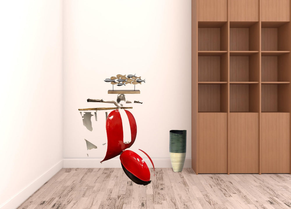 HomeRoots 26" Vintage Red and Off-White Scooter Open Cabinet with Two Shelves for Unique Home Storage Decor 402229