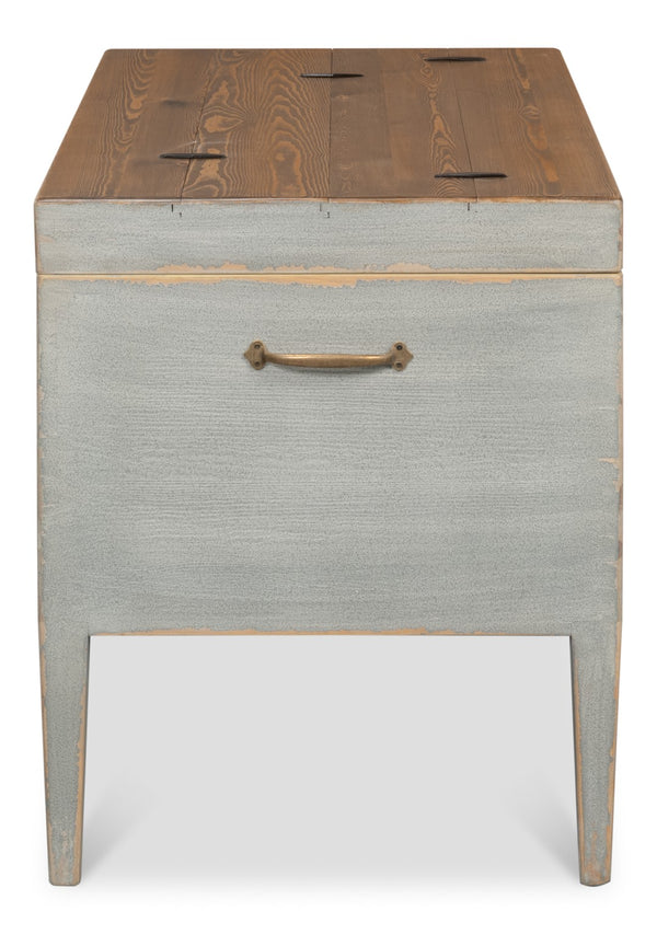 Sarreid Trunk Side Table With Hidden Storage – Handmade From Reclaimed Pine, Brass & Iron, Cityscape Grey Finish Grey  40222