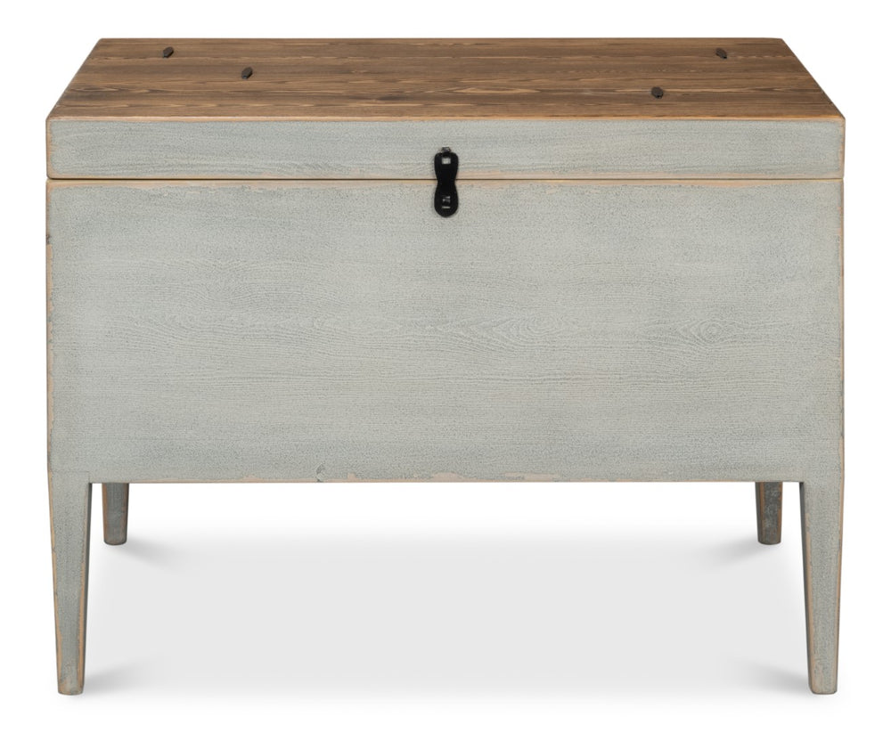 Sarreid Trunk Side Table With Hidden Storage – Handmade From Reclaimed Pine, Brass & Iron, Cityscape Grey Finish Grey  40222