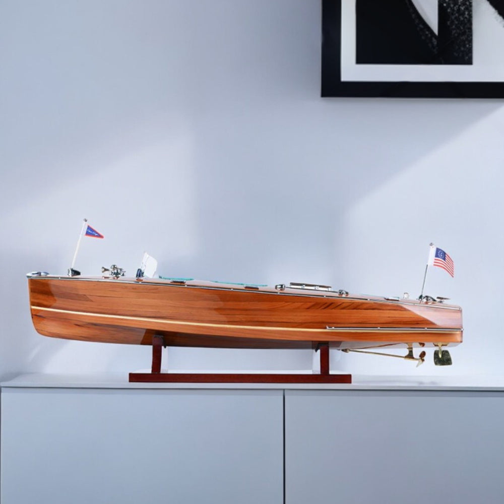 Homeroots 7" Wood Brown Solid Wood Hand Painted C1928 Chris Craft Triple Cockpit Medium Model Boat  Solid Wood 402239