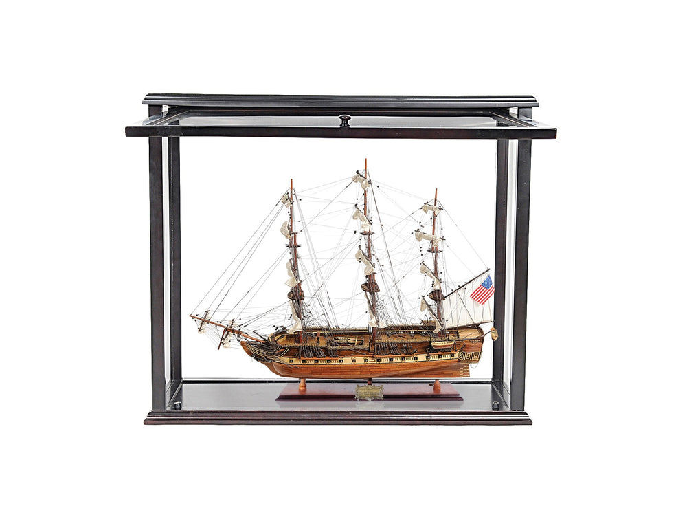 Homeroots 30" Wood Brown Solid Wood Hand Painted 1797 Uss Constitution Medium Open Fron Display Case Model Boat  Solid Wood 402243