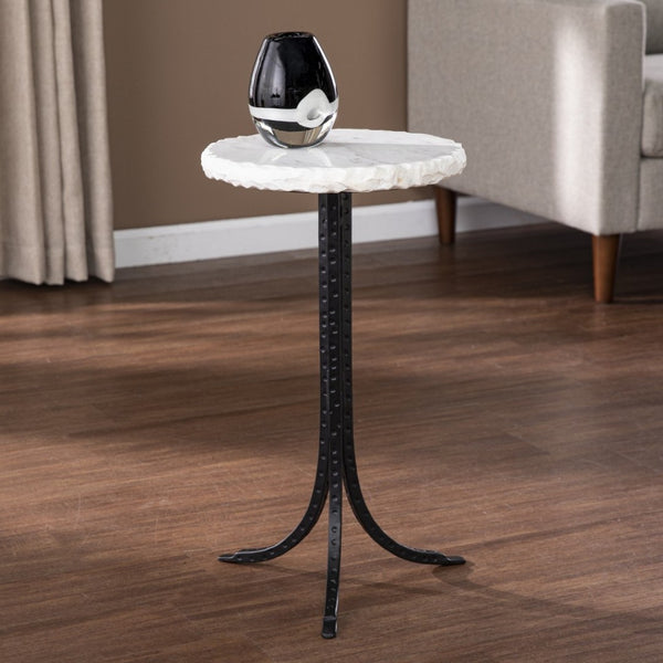 HomeRoots 23" Chic Black and White Marble Round End Table with Durable Metal Frame for Stylish Decor Integration 402257