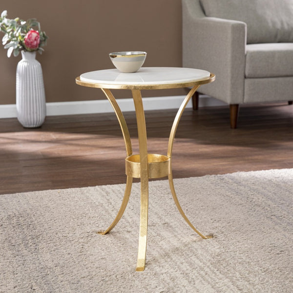 HomeRoots 23" Gold Marble End Table with Iron Legs - Chic Round Design for Small Spaces & Elegant Decor 402258