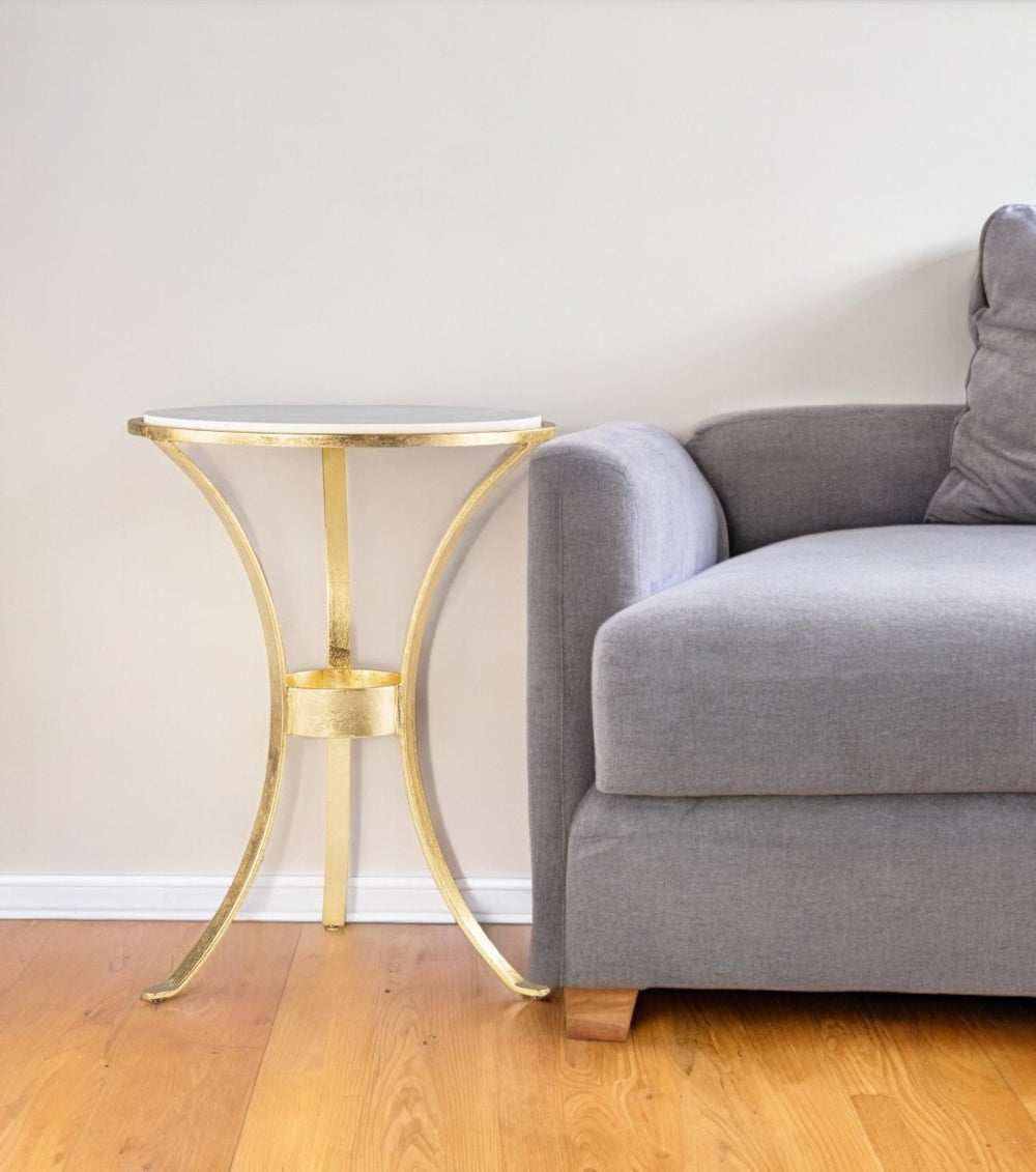 HomeRoots 23" Gold Marble End Table with Iron Legs - Chic Round Design for Small Spaces & Elegant Decor 402258