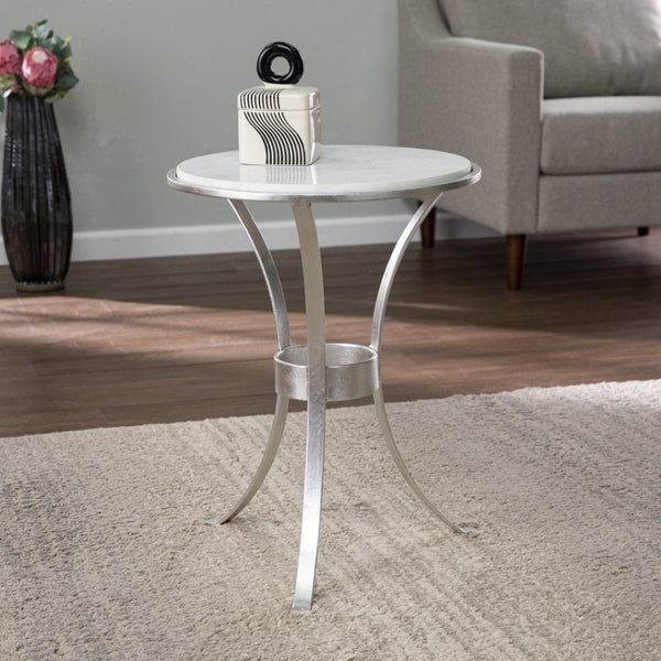 HomeRoots 23" Elegant Silver Curvy Leg Round End Table with Unique White Marble Top for Modern Living Spaces 402259