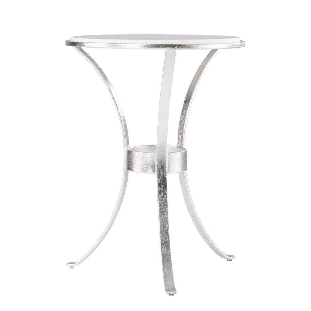HomeRoots 23" Elegant Silver Curvy Leg Round End Table with Unique White Marble Top for Modern Living Spaces 402259