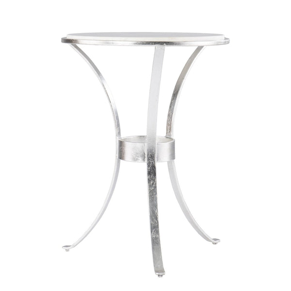 HomeRoots 23" Elegant Silver Curvy Leg Round End Table with Unique White Marble Top for Modern Living Spaces 402259