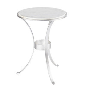 HomeRoots 23" Elegant Silver Curvy Leg Round End Table with Unique White Marble Top for Modern Living Spaces 402259