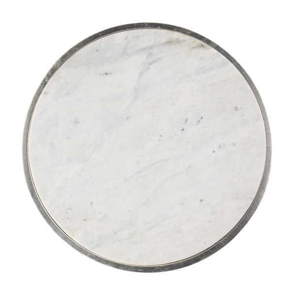 HomeRoots 23" Elegant Silver Curvy Leg Round End Table with Unique White Marble Top for Modern Living Spaces 402259