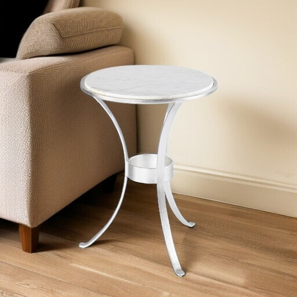 HomeRoots 23" Elegant Silver Curvy Leg Round End Table with Unique White Marble Top for Modern Living Spaces 402259