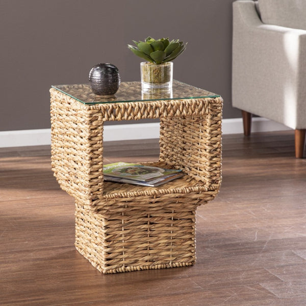 HomeRoots 23" Brown Rattan Wicker Square End Table with Clear Glass Top - Bohemian-Modern Accent Piece 402262