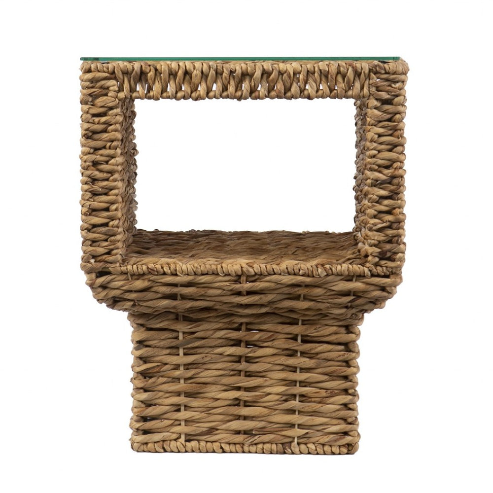 HomeRoots 23" Brown Rattan Wicker Square End Table with Clear Glass Top - Bohemian-Modern Accent Piece 402262