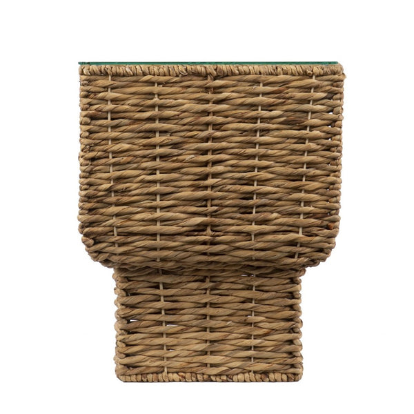 HomeRoots 23" Brown Rattan Wicker Square End Table with Clear Glass Top - Bohemian-Modern Accent Piece 402262