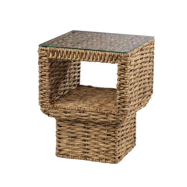 HomeRoots 23" Brown Rattan Wicker Square End Table with Clear Glass Top - Bohemian-Modern Accent Piece 402262