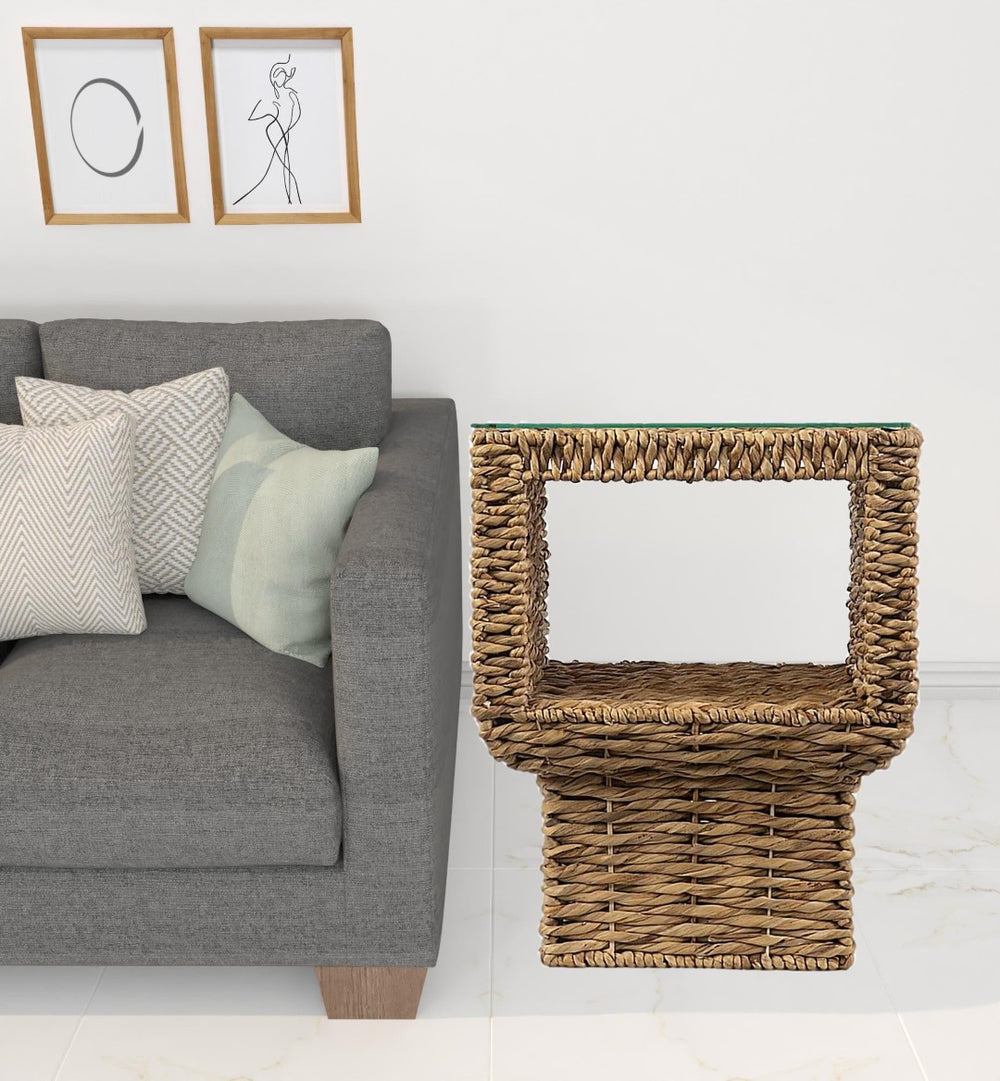 HomeRoots 23" Brown Rattan Wicker Square End Table with Clear Glass Top - Bohemian-Modern Accent Piece 402262