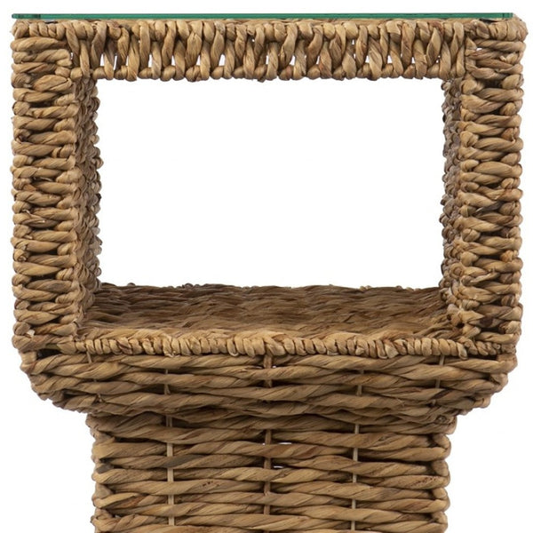 HomeRoots 23" Brown Rattan Wicker Square End Table with Clear Glass Top - Bohemian-Modern Accent Piece 402262