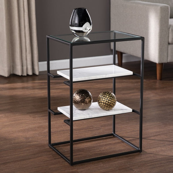 HomeRoots 24" Modern Black Glass and Marble End Table with Open Shelves for Stylish Storage & Display 402263