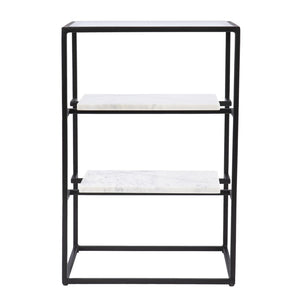 HomeRoots 24" Modern Black Glass and Marble End Table with Open Shelves for Stylish Storage & Display 402263