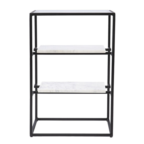 HomeRoots 24" Modern Black Glass and Marble End Table with Open Shelves for Stylish Storage & Display 402263