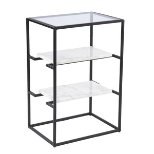 HomeRoots 24" Modern Black Glass and Marble End Table with Open Shelves for Stylish Storage & Display 402263