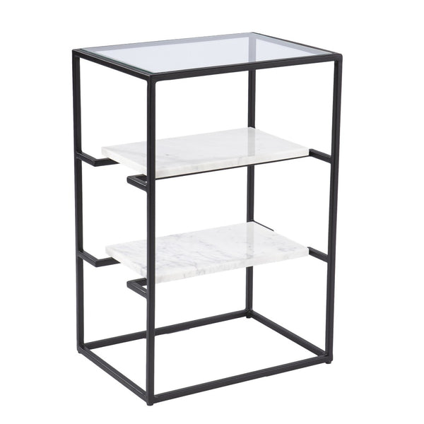 HomeRoots 24" Modern Black Glass and Marble End Table with Open Shelves for Stylish Storage & Display 402263