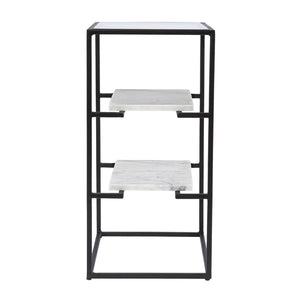 HomeRoots 24" Modern Black Glass and Marble End Table with Open Shelves for Stylish Storage & Display 402263