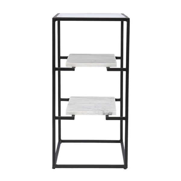 HomeRoots 24" Modern Black Glass and Marble End Table with Open Shelves for Stylish Storage & Display 402263