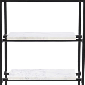 HomeRoots 24" Modern Black Glass and Marble End Table with Open Shelves for Stylish Storage & Display 402263