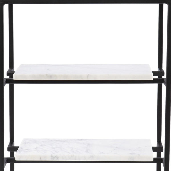 HomeRoots 24" Modern Black Glass and Marble End Table with Open Shelves for Stylish Storage & Display 402263