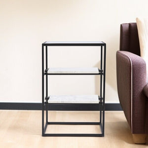 HomeRoots 24" Modern Black Glass and Marble End Table with Open Shelves for Stylish Storage & Display 402263