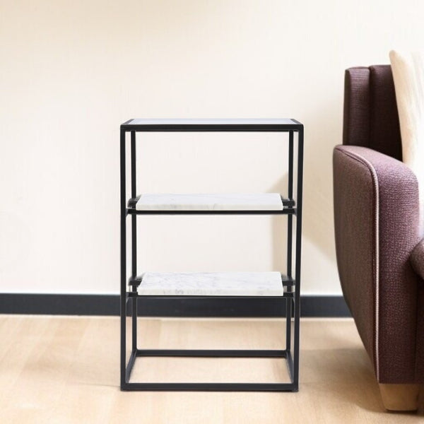HomeRoots 24" Modern Black Glass and Marble End Table with Open Shelves for Stylish Storage & Display 402263