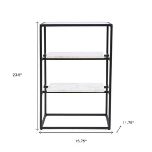 HomeRoots 24" Modern Black Glass and Marble End Table with Open Shelves for Stylish Storage & Display 402263