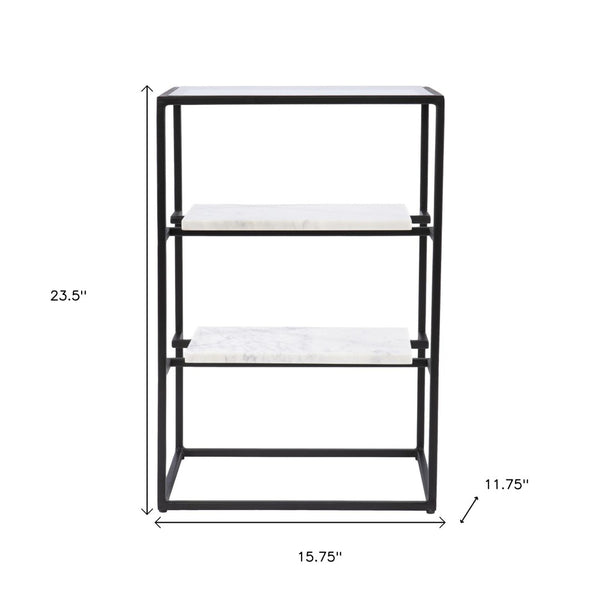 HomeRoots 24" Modern Black Glass and Marble End Table with Open Shelves for Stylish Storage & Display 402263